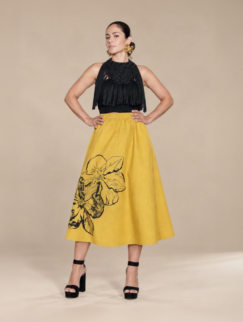YELLOW FINDS A WAY —  Hand-Painted Midi Skirt