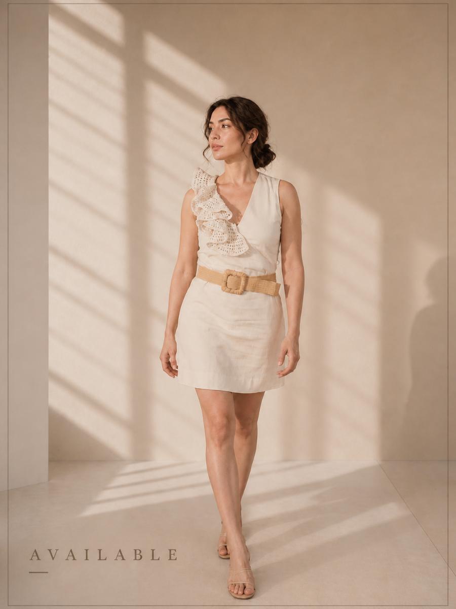 Ivory Linen Mini Dress with Hand-Crochet Ruffle Detail | One of a Kind Coastal Luxury Dress