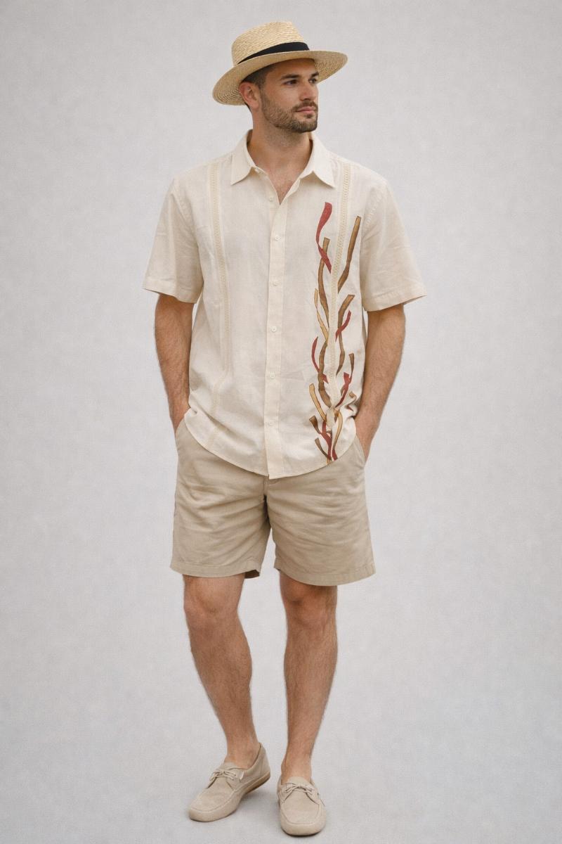 Men's Linen Guayabera Shirt – Hand Painted Seaweed Design | Beige Cuban Beach Shirt | Short Sleeve Resort Wear