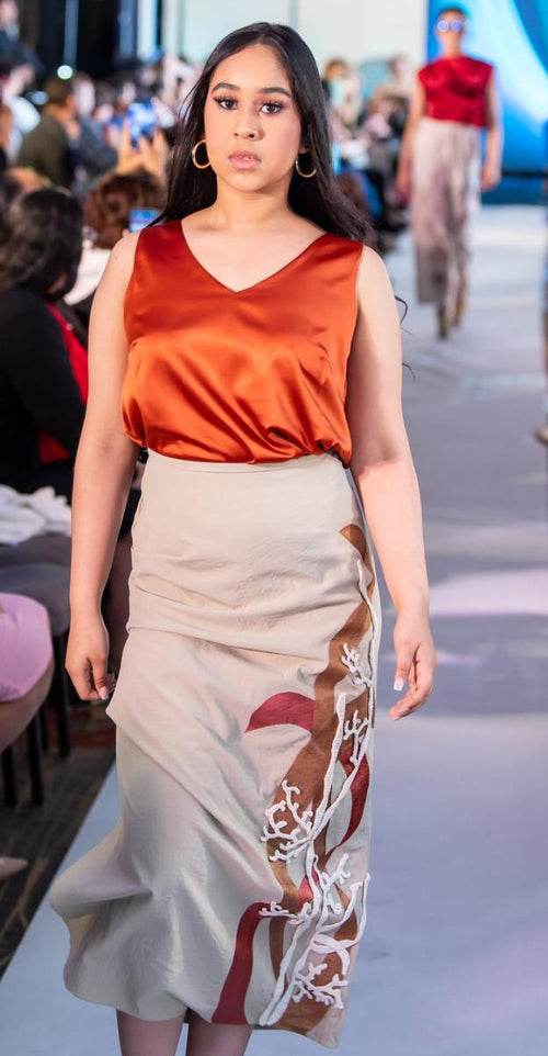 Hand Painted Linen Skirt – Handmade Coral-Inspired Skirt with Textile Appliqués – Elegant Coastal Artwear – Exclusive Artisan Design