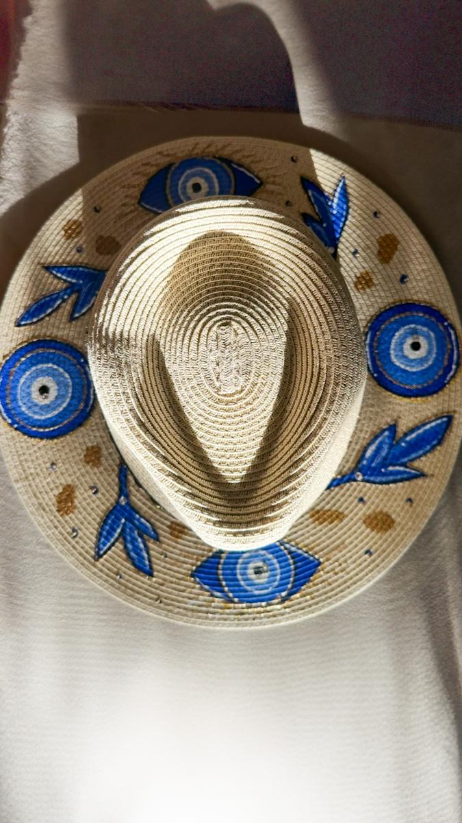 Hand Painted Evil Eye Straw Hat – Luxury Summer Resort Hat with Gold Details