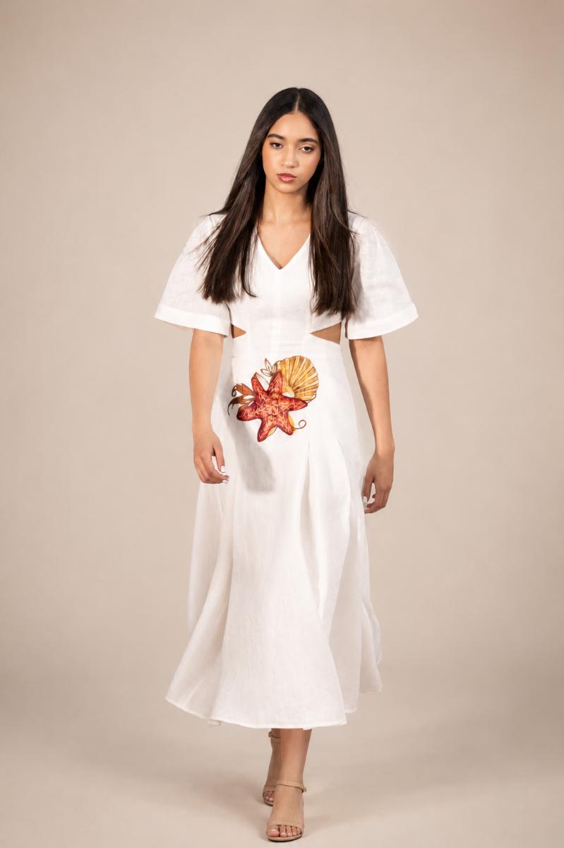 White Linen Open Back Dress – Hand Painted Starfish & Coral Dress | Elegant Resort Wear Statement Piece
