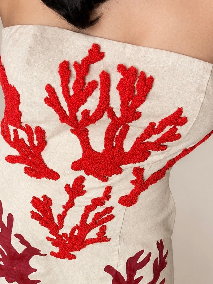 Red Coral Linen Dress – Hand Embroidered & Hand Painted Strapless Statement Gown | Luxury Summer Resort Wear