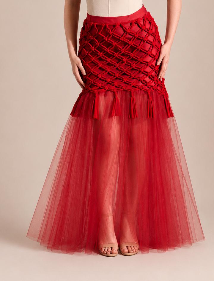 Handmade Macramé Mermaid Skirt – Two Piece Set – Red Cotton Handwoven Skirt with Tulle Hem – Exclusive Couture Design