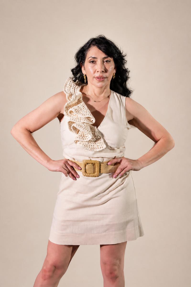 Ivory Linen Mini Dress with Hand-Crochet Ruffle Detail | One of a Kind Coastal Luxury Dress