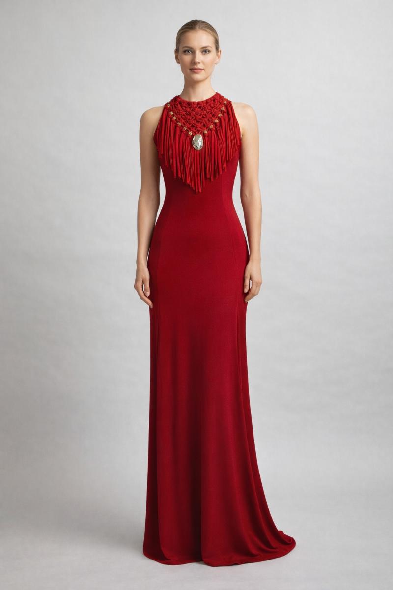 Red Halter Stretch Dress with Handmade Macramé Necklace – Elegant Statement Evening Dress