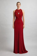 Red Halter Stretch Dress with Handmade Macramé Necklace – Elegant Statement Evening Dress