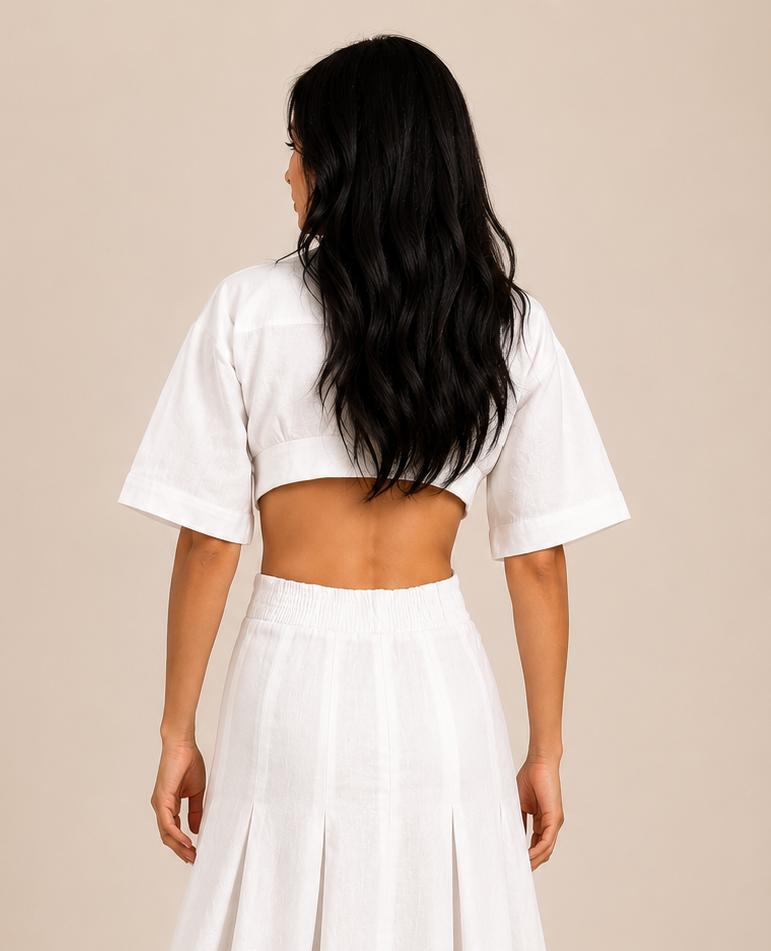 White Linen Open Back Dress – Hand Painted Starfish & Coral Dress | Elegant Resort Wear Statement Piece