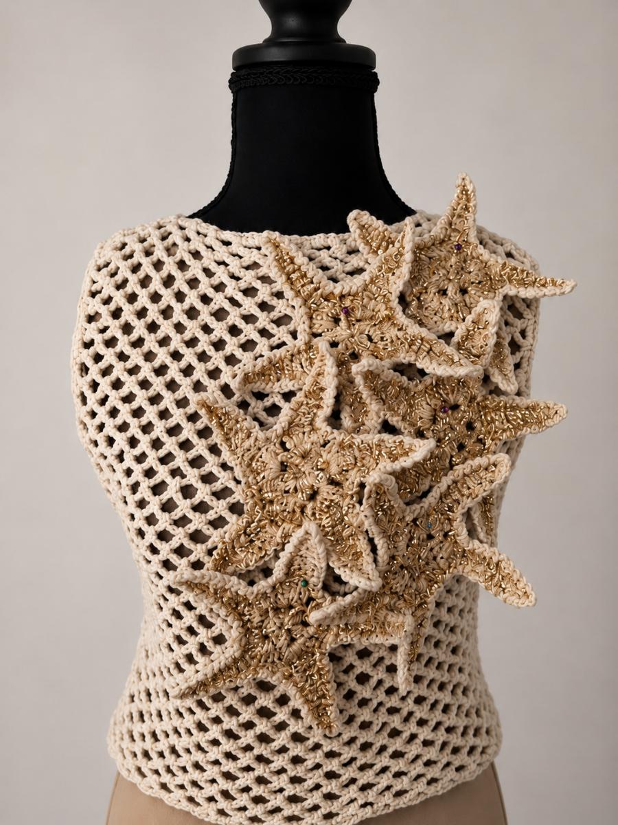 Handwoven Starfish Top Handmade Crochet Mesh Top with Gold Foil