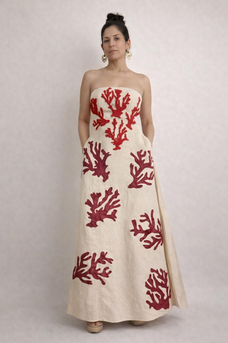 Red Coral Linen Dress – Hand Embroidered & Hand Painted Strapless Statement Gown | Luxury Summer Resort Wear