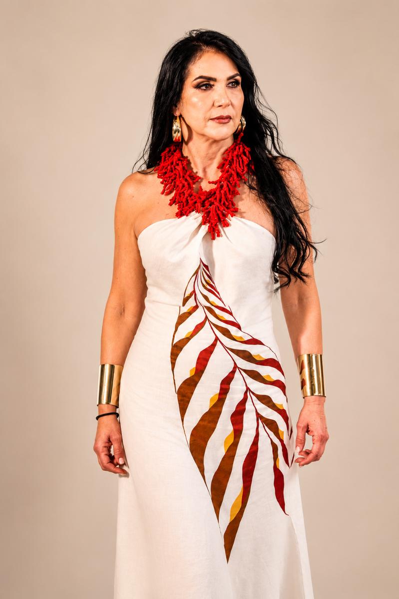 Hand Painted Linen Dress with Handmade Macramé Necklace – Coastal Luxury Dress – Artisan Summer Resort Wear – Exclusive Handmade Design