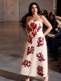 Red Coral Linen Dress – Hand Embroidered & Hand Painted Strapless Statement Gown | Luxury Summer Resort Wear