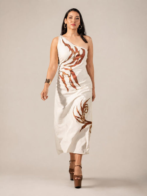 Hand Painted Linen Dress – One Shoulder Artisan Dress – Abstract Shell Inspired Design – Handmade Resort Wear – Exclusive Couture Piece