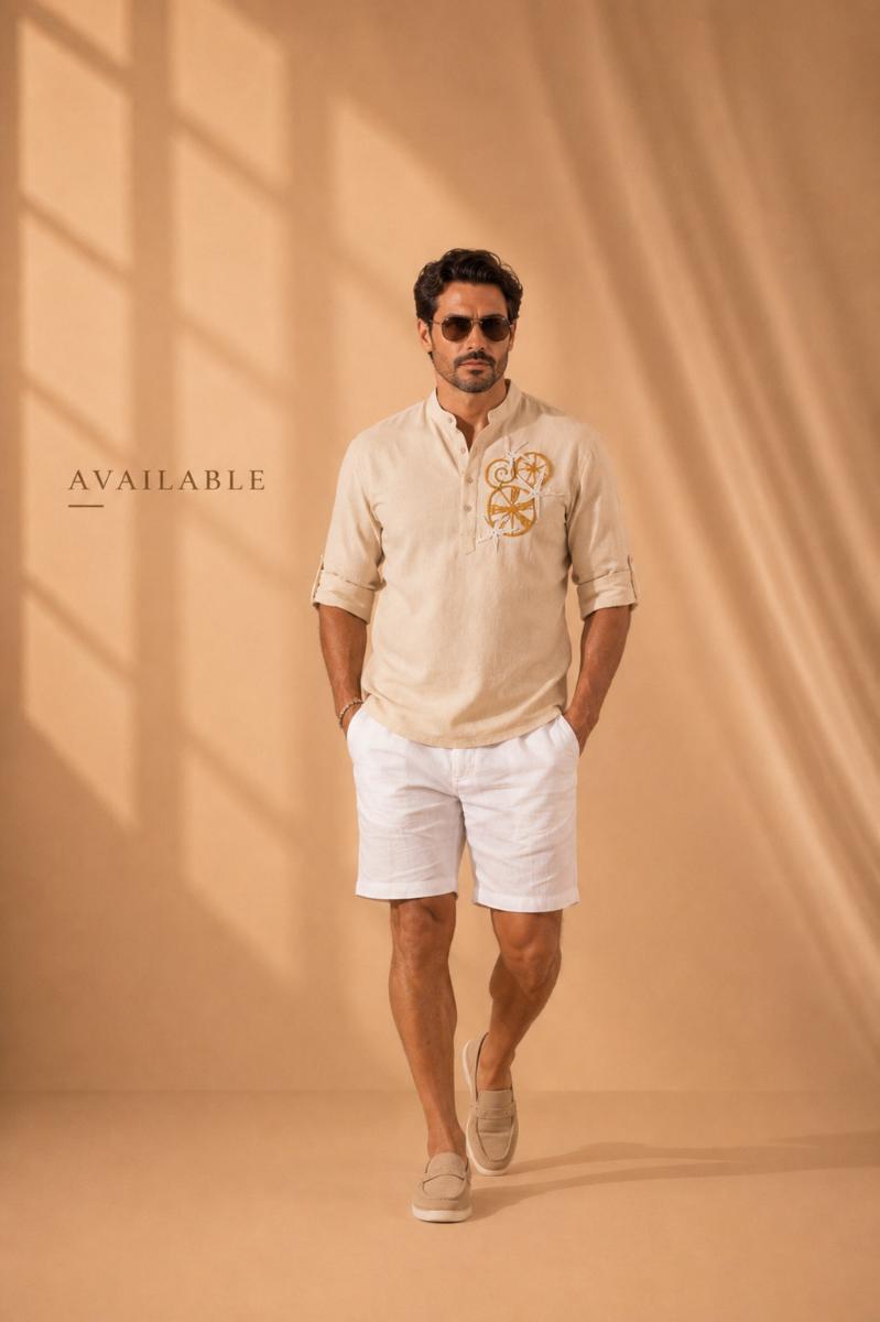 Men's Linen Shirt with Handmade Starfish & Sea Urchin Crochet Appliqué – Resort Summer Shirt
