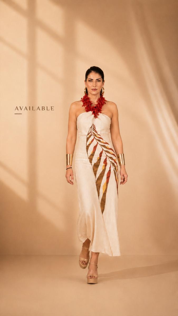Hand Painted Linen Dress with Handmade Macramé Necklace – Coastal Luxury Dress – Artisan Summer Resort Wear – Exclusive Handmade Design