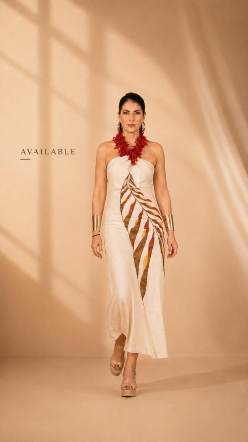 Hand Painted Linen Dress with Handmade Macramé Necklace – Coastal Luxury Dress – Artisan Summer Resort Wear – Exclusive Handmade Design