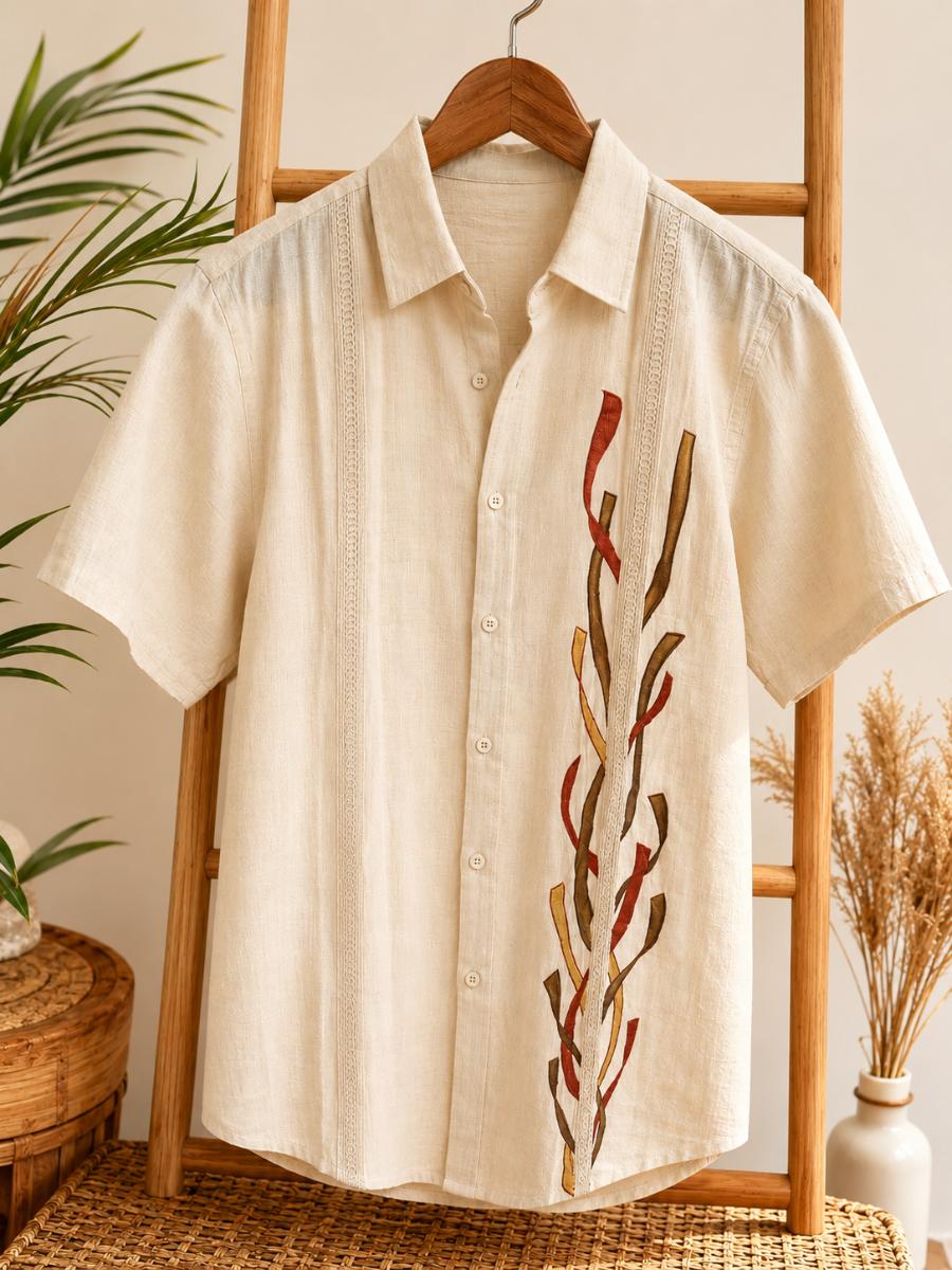 Men's Linen Guayabera Shirt – Hand Painted Seaweed Design | Beige Cuban Beach Shirt | Short Sleeve Resort Wear