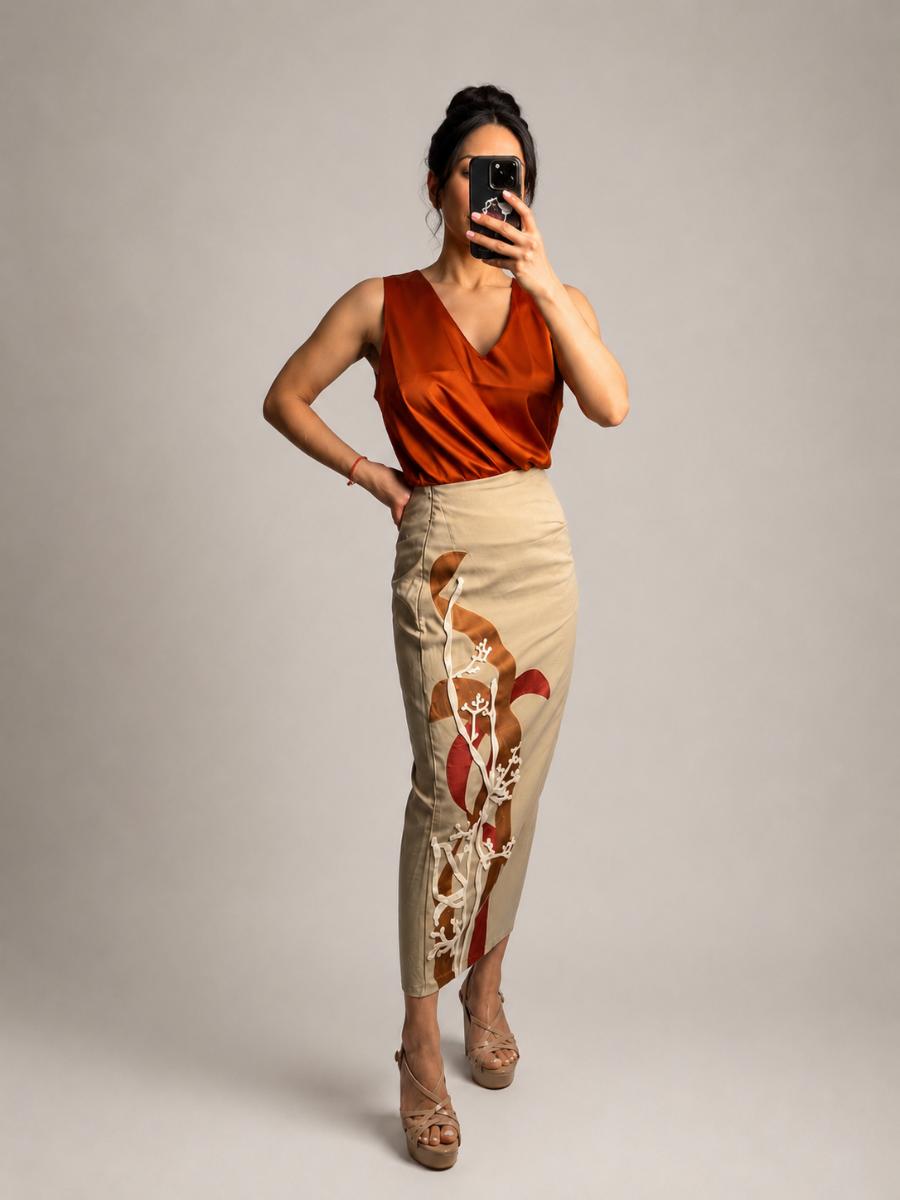 Hand Painted Linen Skirt – Handmade Coral-Inspired Skirt with Textile Appliqués – Elegant Coastal Artwear – Exclusive Artisan Design