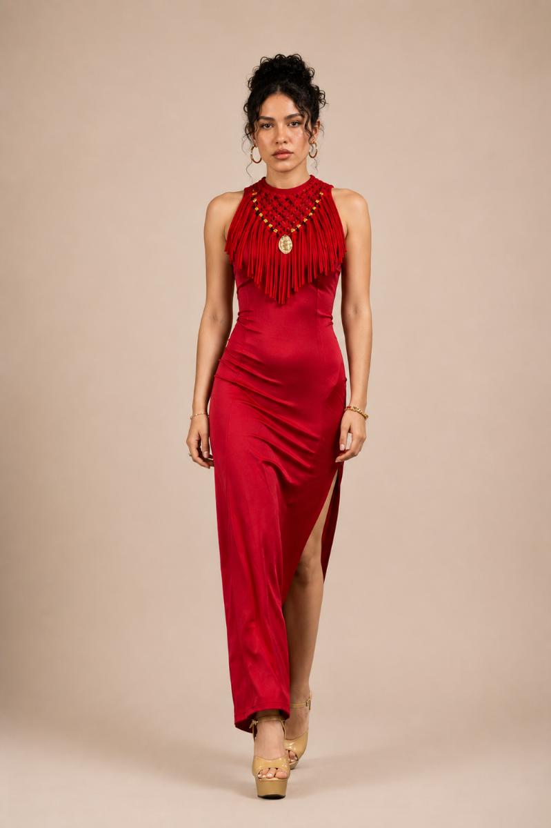 Red Halter Stretch Dress with Handmade Macramé Necklace – Elegant Statement Evening Dress