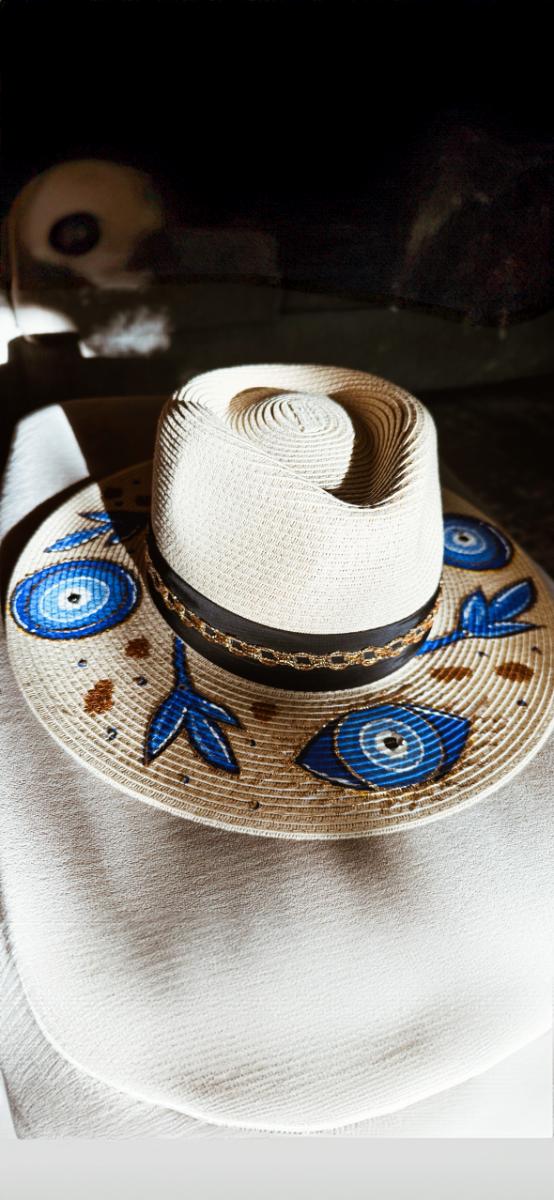 Hand Painted Evil Eye Straw Hat – Luxury Summer Resort Hat with Gold Details