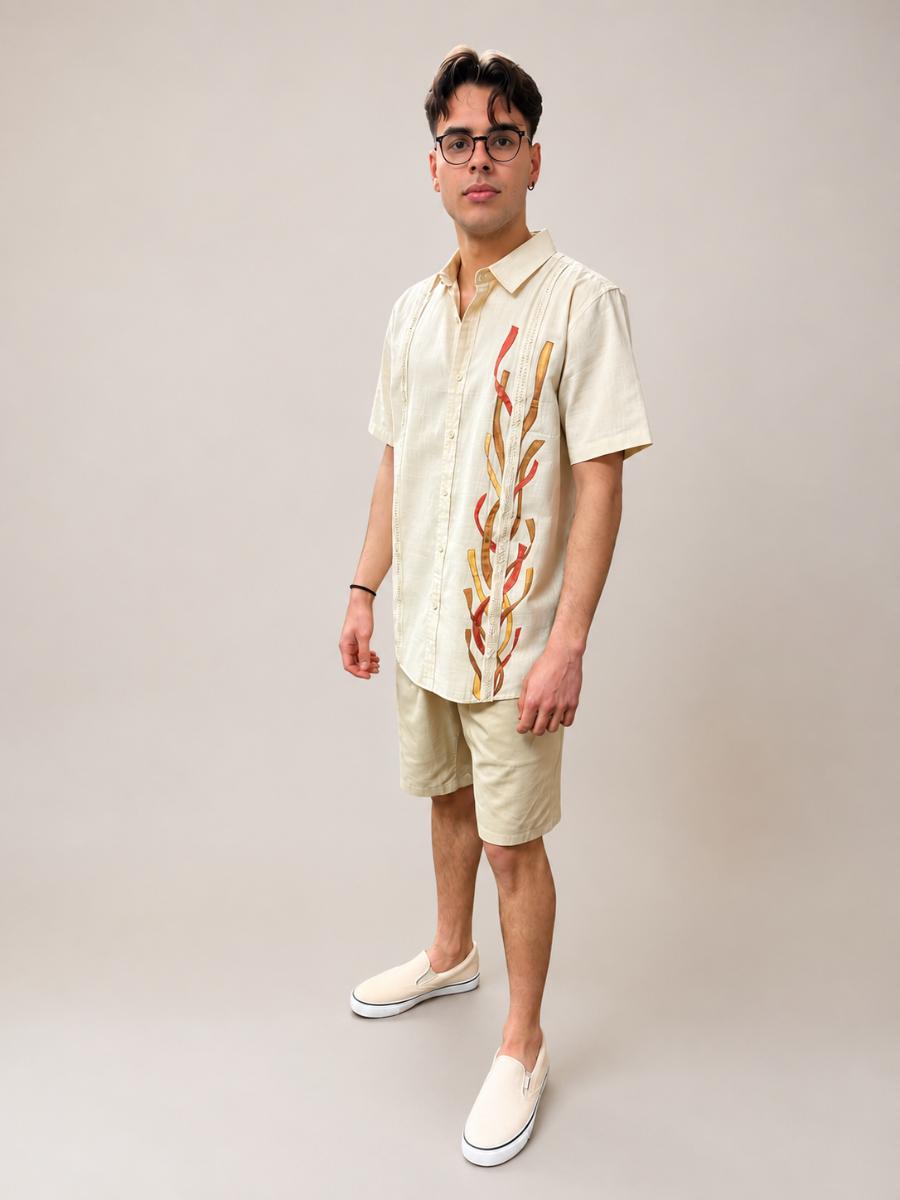 Men's Linen Guayabera Shirt – Hand Painted Seaweed Design | Beige Cuban Beach Shirt | Short Sleeve Resort Wear
