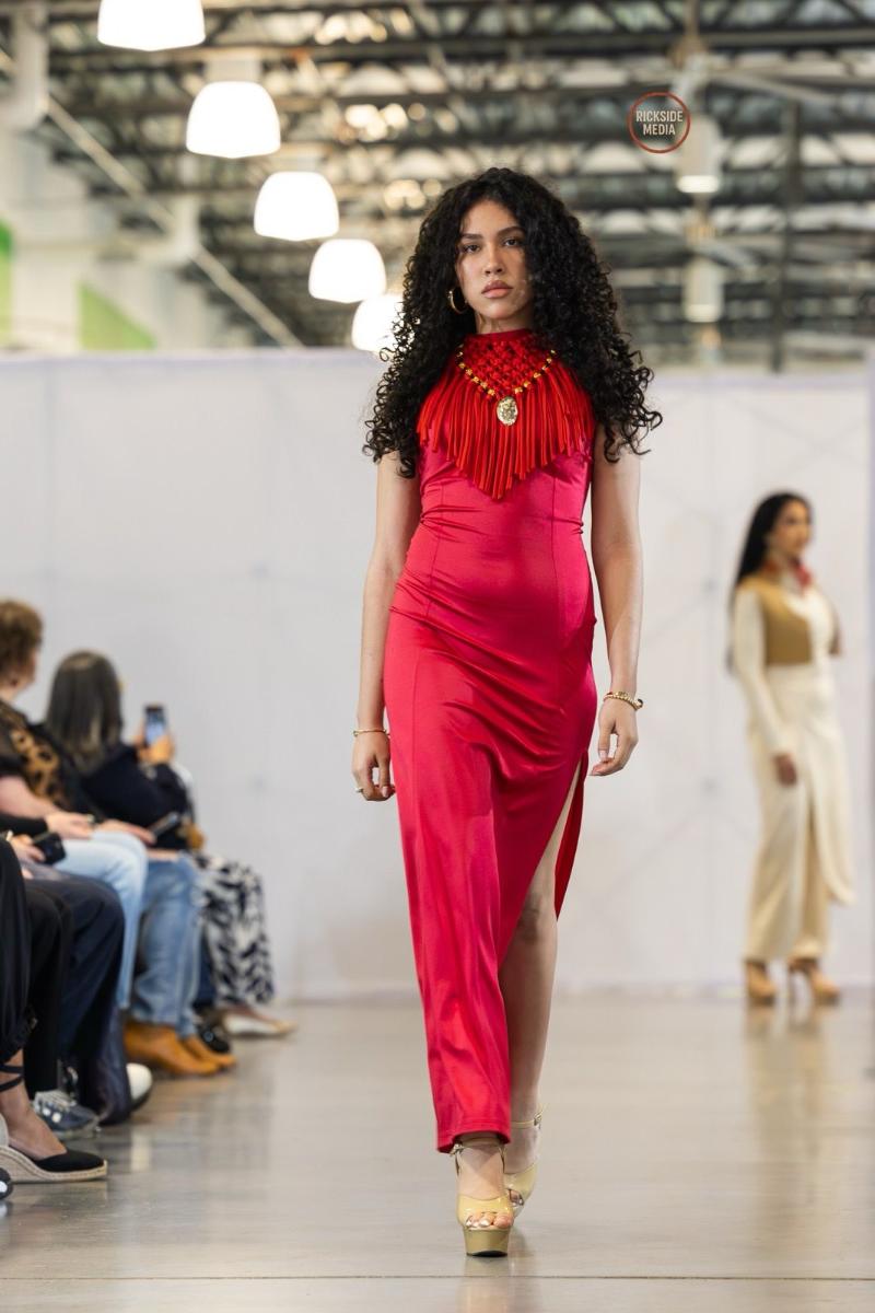 Red Halter Stretch Dress with Handmade Macramé Necklace – Elegant Statement Evening Dress