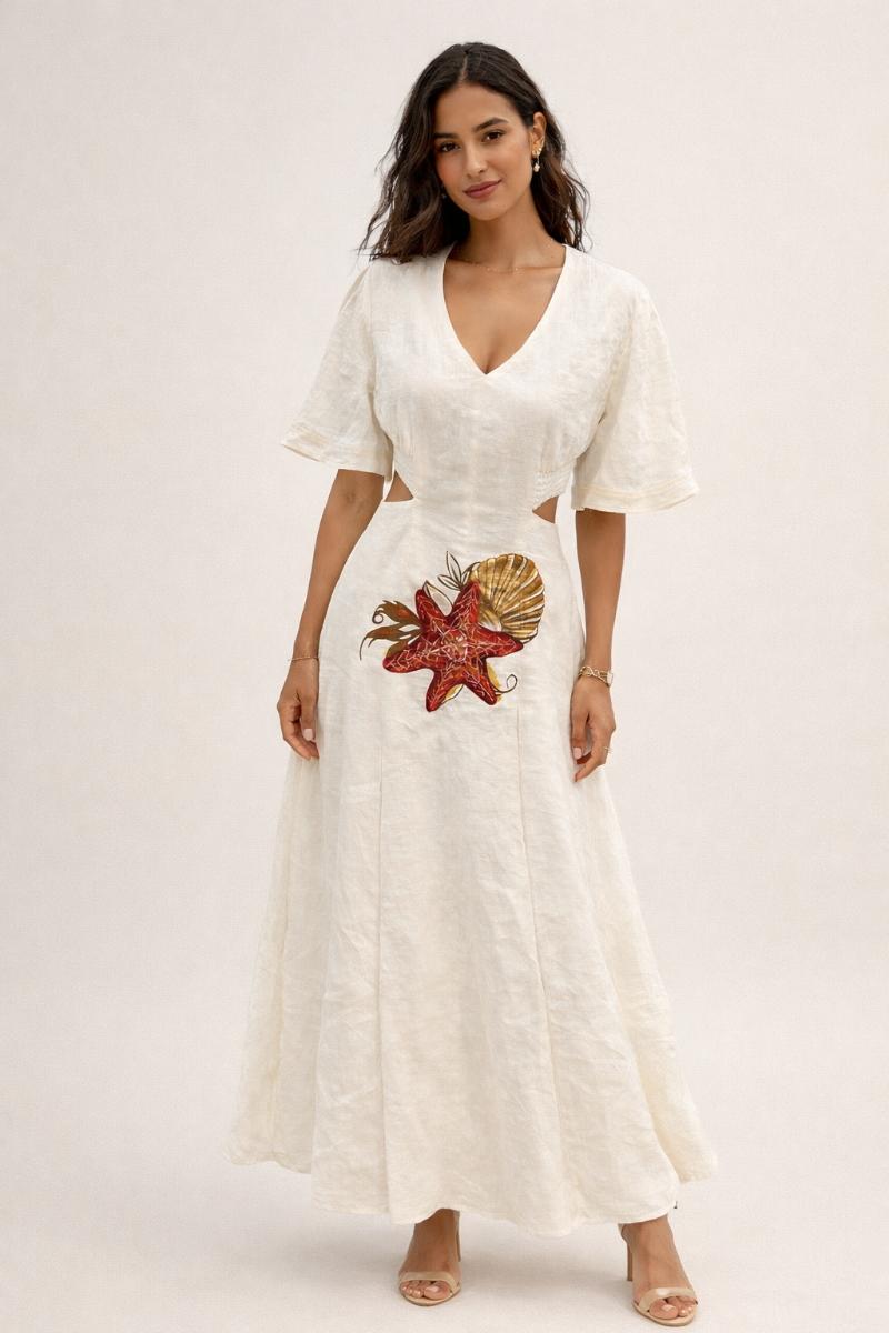 White Linen Open Back Dress – Hand Painted Starfish & Coral Dress | Elegant Resort Wear Statement Piece